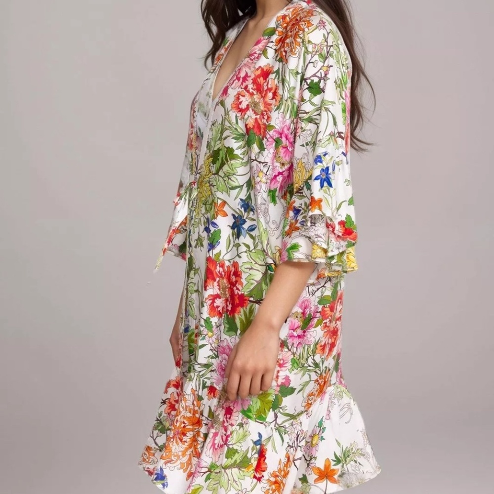 Johnny Was White Floral V-Neck Kimono Robe with Multicolor Blooms